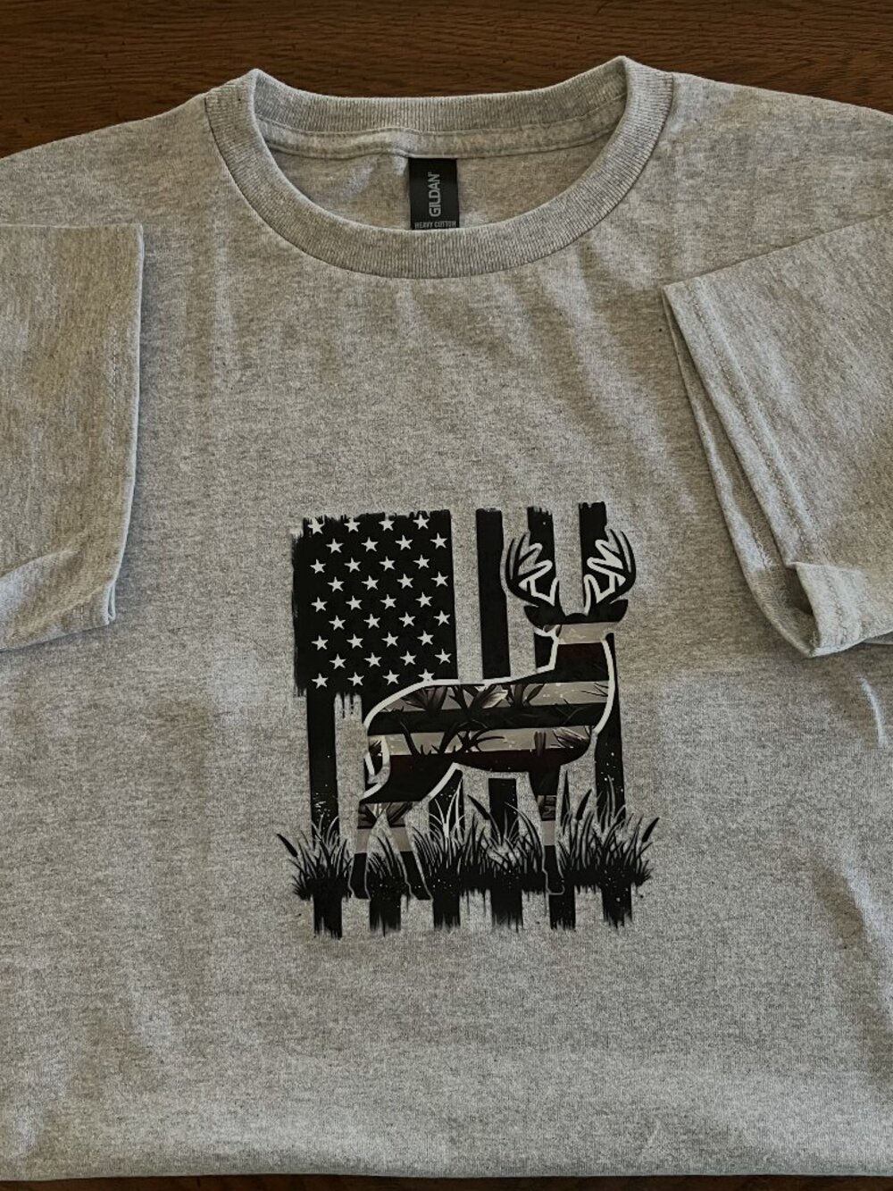 Boy Youth size Large Gray T-shirt with HTV Vinyl Flag/Deer on front
